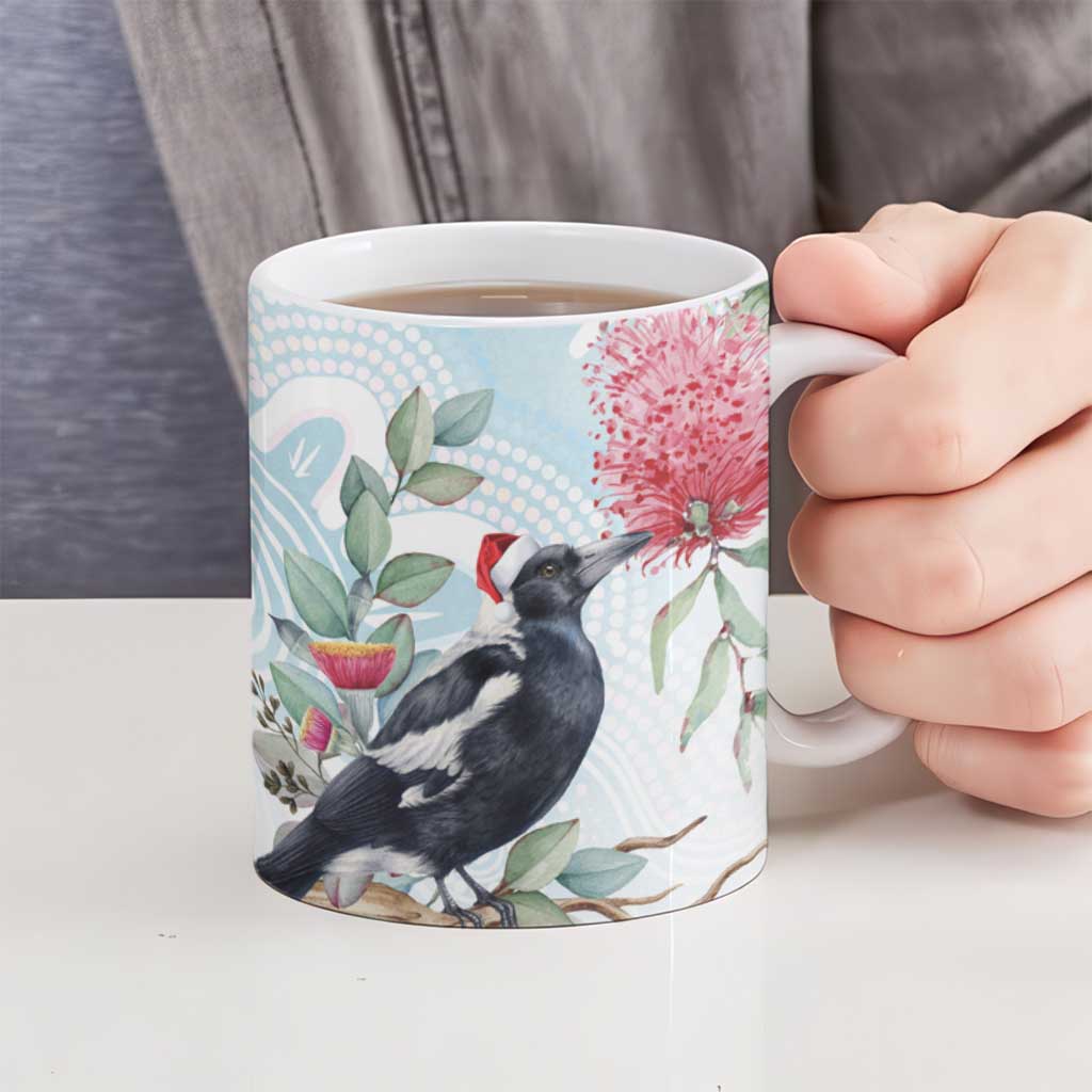 Australia Magpie Christmas Ceramic Mug Eucalyptus Aboriginal Watercolor Stylized - Aussie Hoodie