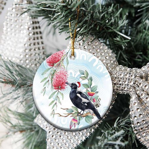 Australia Magpie Christmas Ceramic Ornament Eucalyptus Aboriginal Watercolor Stylized - Aussie Hoodie