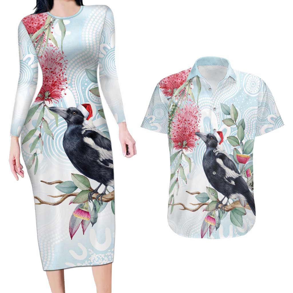 Australia Magpie Christmas Couples Matching Long Sleeve Bodycon Dress and Hawaiian Shirt Eucalyptus Aboriginal Watercolor Stylized - Aussie Hoodie