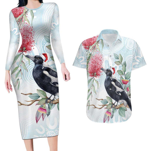 Australia Magpie Christmas Couples Matching Long Sleeve Bodycon Dress and Hawaiian Shirt Eucalyptus Aboriginal Watercolor Stylized - Aussie Hoodie