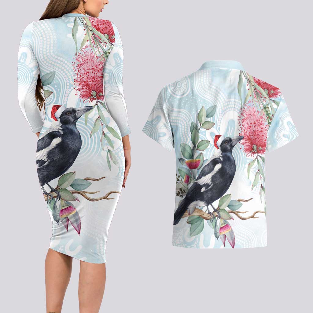 Australia Magpie Christmas Couples Matching Long Sleeve Bodycon Dress and Hawaiian Shirt Eucalyptus Aboriginal Watercolor Stylized - Aussie Hoodie