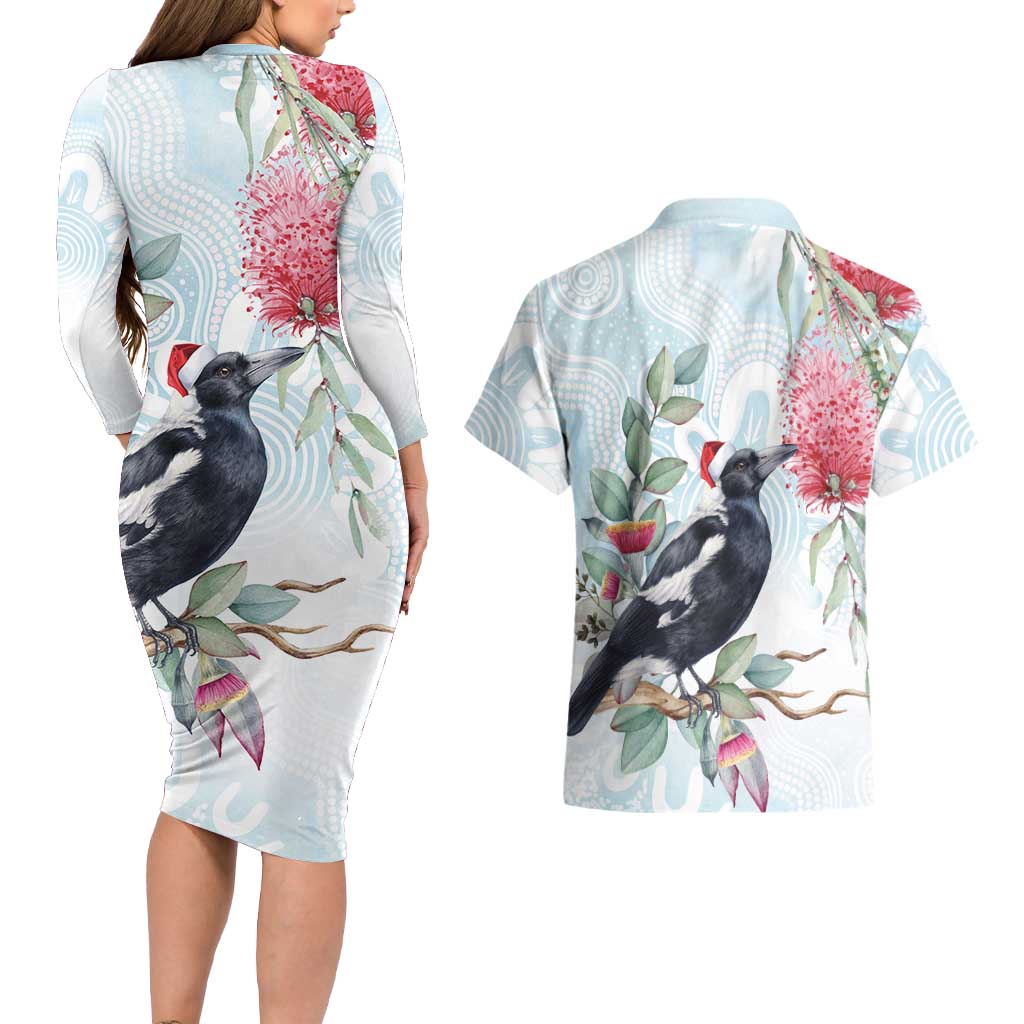 Australia Magpie Christmas Couples Matching Long Sleeve Bodycon Dress and Hawaiian Shirt Eucalyptus Aboriginal Watercolor Stylized - Aussie Hoodie