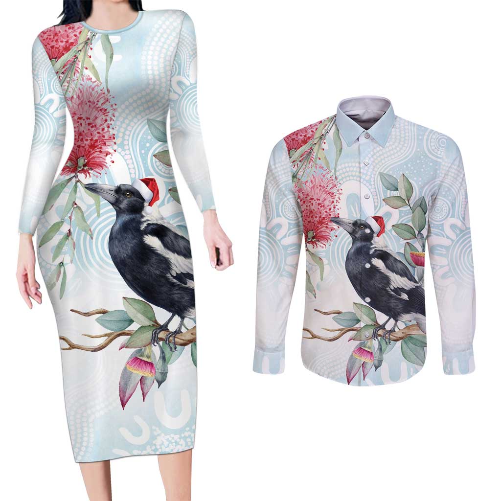Australia Magpie Christmas Couples Matching Long Sleeve Bodycon Dress and Long Sleeve Button Shirt Eucalyptus Aboriginal Watercolor Stylized - Aussie Hoodie