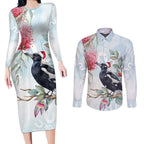 Australia Magpie Christmas Couples Matching Long Sleeve Bodycon Dress and Long Sleeve Button Shirt Eucalyptus Aboriginal Watercolor Stylized - Aussie Hoodie