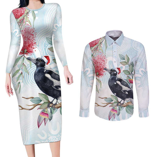 Australia Magpie Christmas Couples Matching Long Sleeve Bodycon Dress and Long Sleeve Button Shirt Eucalyptus Aboriginal Watercolor Stylized - Aussie Hoodie