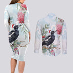 Australia Magpie Christmas Couples Matching Long Sleeve Bodycon Dress and Long Sleeve Button Shirt Eucalyptus Aboriginal Watercolor Stylized - Aussie Hoodie