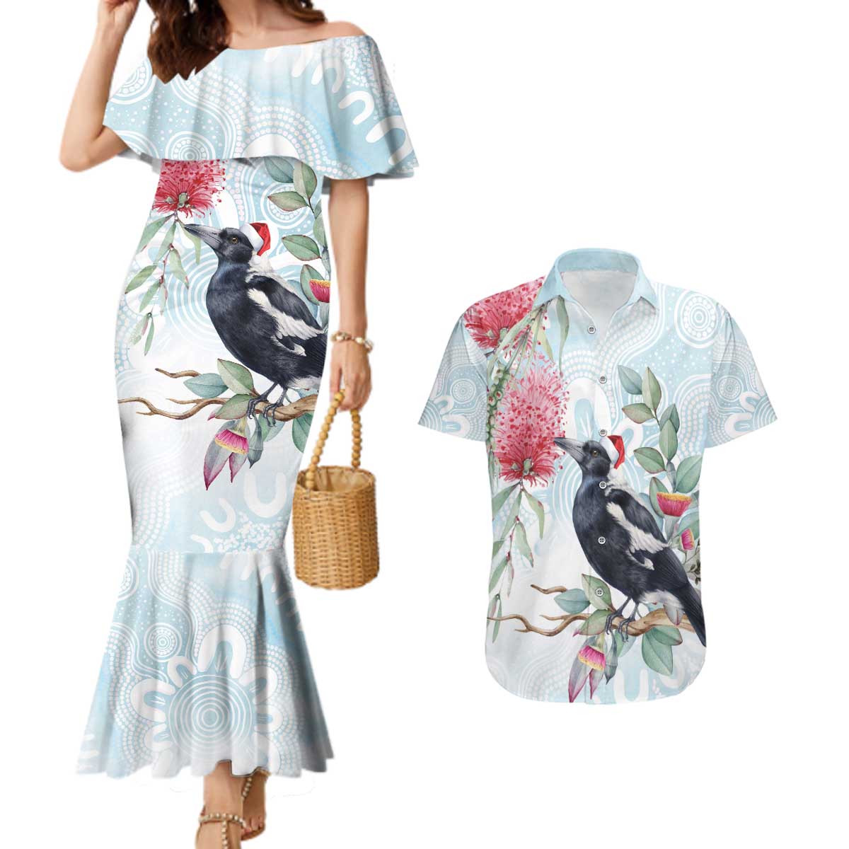 Australia Magpie Christmas Couples Matching Mermaid Dress and Hawaiian Shirt Eucalyptus Aboriginal Watercolor Stylized - Aussie Hoodie