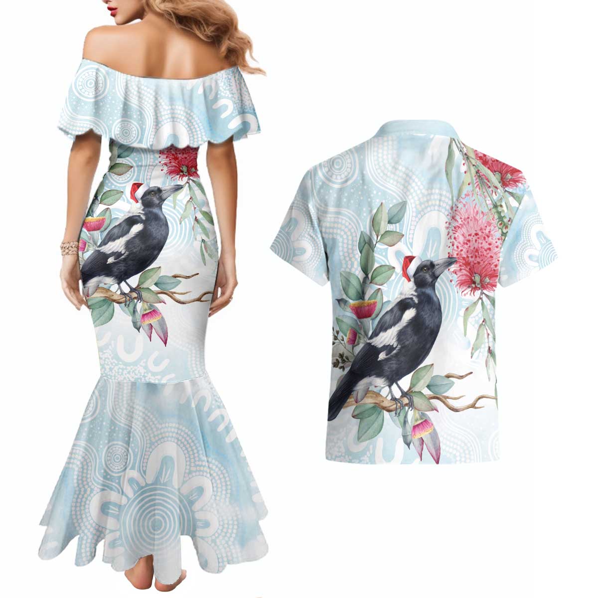 Australia Magpie Christmas Couples Matching Mermaid Dress and Hawaiian Shirt Eucalyptus Aboriginal Watercolor Stylized - Aussie Hoodie