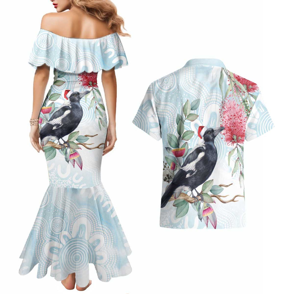 Australia Magpie Christmas Couples Matching Mermaid Dress and Hawaiian Shirt Eucalyptus Aboriginal Watercolor Stylized - Aussie Hoodie