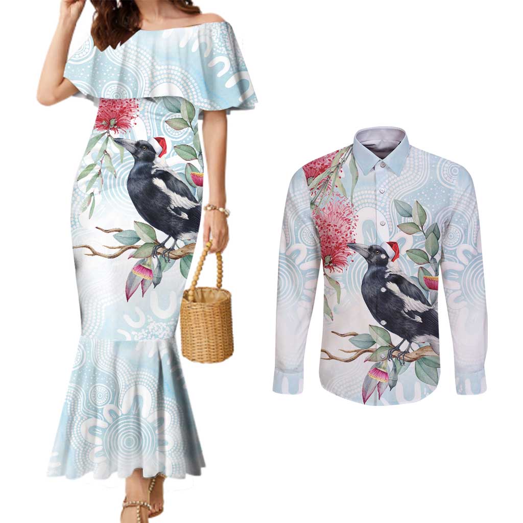 Australia Magpie Christmas Couples Matching Mermaid Dress and Long Sleeve Button Shirt Eucalyptus Aboriginal Watercolor Stylized - Aussie Hoodie