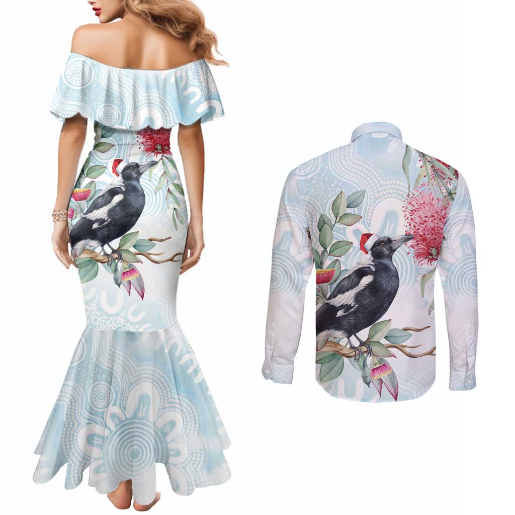 Australia Magpie Christmas Couples Matching Mermaid Dress and Long Sleeve Button Shirt Eucalyptus Aboriginal Watercolor Stylized - Aussie Hoodie