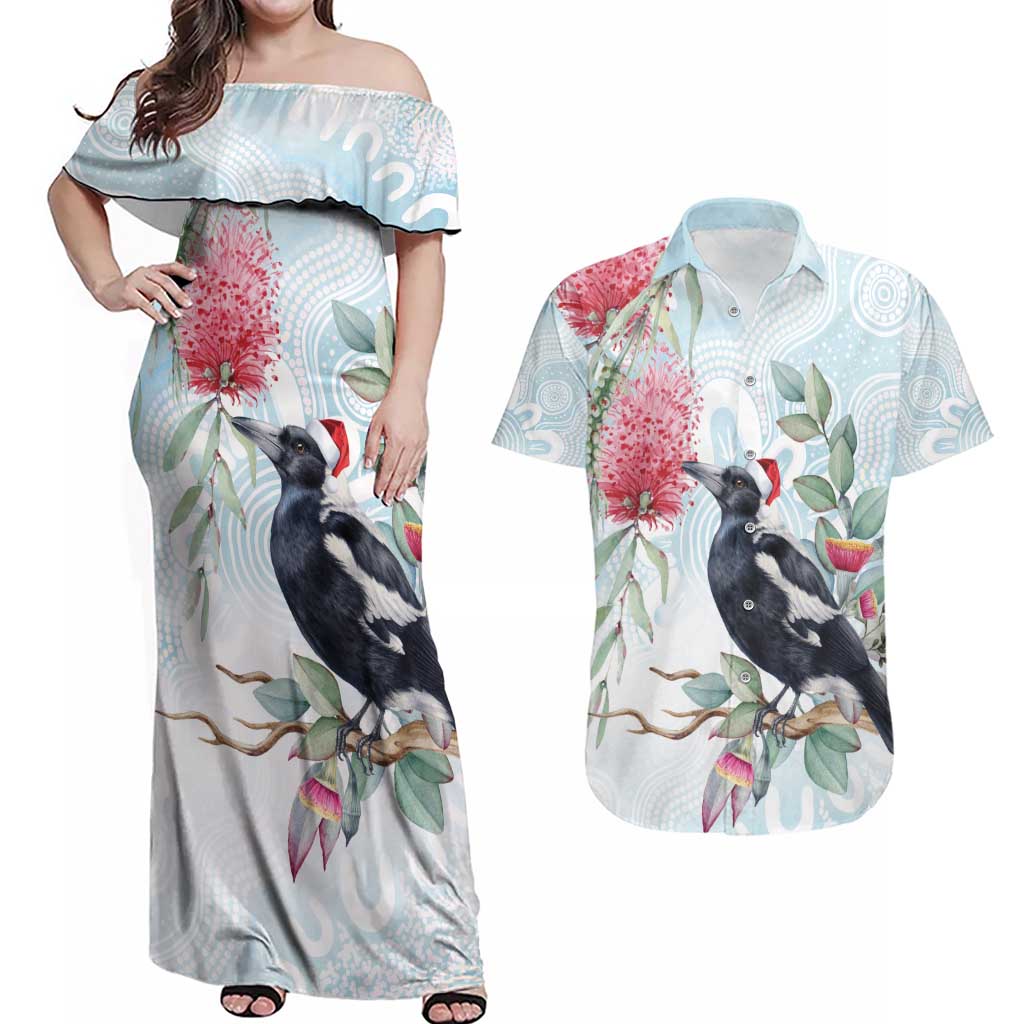 Australia Magpie Christmas Couples Matching Off Shoulder Maxi Dress and Hawaiian Shirt Eucalyptus Aboriginal Watercolor Stylized - Aussie Hoodie