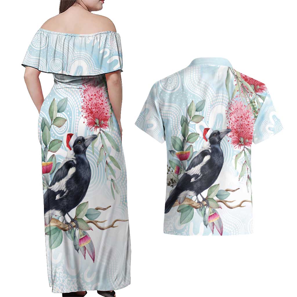 Australia Magpie Christmas Couples Matching Off Shoulder Maxi Dress and Hawaiian Shirt Eucalyptus Aboriginal Watercolor Stylized - Aussie Hoodie