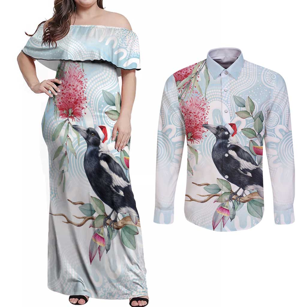 Australia Magpie Christmas Couples Matching Off Shoulder Maxi Dress and Long Sleeve Button Shirt Eucalyptus Aboriginal Watercolor Stylized - Aussie Hoodie