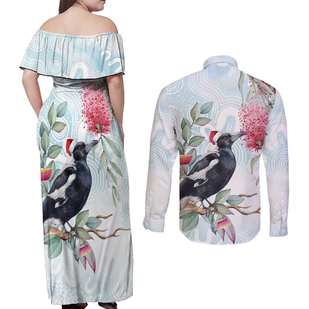 Australia Magpie Christmas Couples Matching Off Shoulder Maxi Dress and Long Sleeve Button Shirt Eucalyptus Aboriginal Watercolor Stylized - Aussie Hoodie