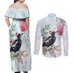 Australia Magpie Christmas Couples Matching Off Shoulder Maxi Dress and Long Sleeve Button Shirt Eucalyptus Aboriginal Watercolor Stylized - Aussie Hoodie
