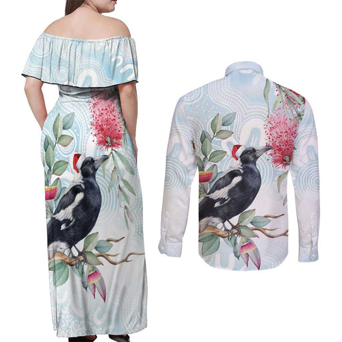 Australia Magpie Christmas Couples Matching Off Shoulder Maxi Dress and Long Sleeve Button Shirt Eucalyptus Aboriginal Watercolor Stylized - Aussie Hoodie