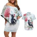 Australia Magpie Christmas Couples Matching Off Shoulder Short Dress and Hawaiian Shirt Eucalyptus Aboriginal Watercolor Stylized - Aussie Hoodie