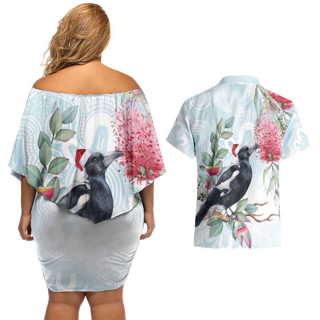 Australia Magpie Christmas Couples Matching Off Shoulder Short Dress and Hawaiian Shirt Eucalyptus Aboriginal Watercolor Stylized - Aussie Hoodie