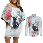 Australia Magpie Christmas Couples Matching Off Shoulder Short Dress and Long Sleeve Button Shirt Eucalyptus Aboriginal Watercolor Stylized - Aussie Hoodie