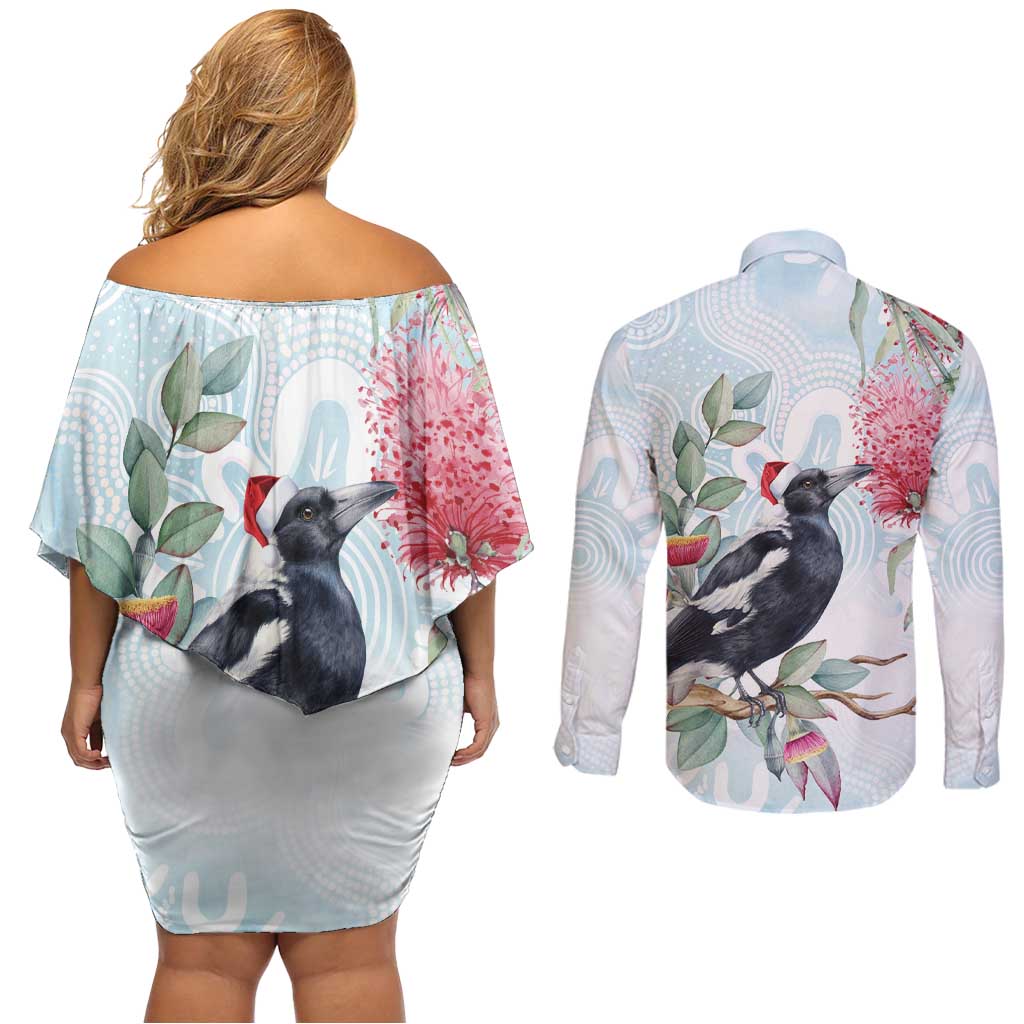 Australia Magpie Christmas Couples Matching Off Shoulder Short Dress and Long Sleeve Button Shirt Eucalyptus Aboriginal Watercolor Stylized - Aussie Hoodie