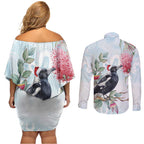 Australia Magpie Christmas Couples Matching Off Shoulder Short Dress and Long Sleeve Button Shirt Eucalyptus Aboriginal Watercolor Stylized - Aussie Hoodie