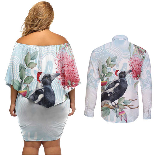 Australia Magpie Christmas Couples Matching Off Shoulder Short Dress and Long Sleeve Button Shirt Eucalyptus Aboriginal Watercolor Stylized - Aussie Hoodie