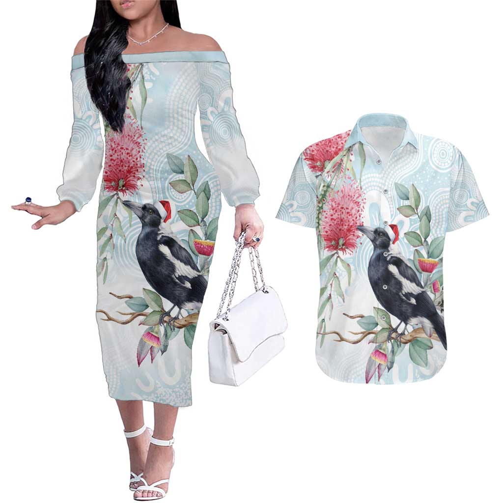 Australia Magpie Christmas Couples Matching Off The Shoulder Long Sleeve Dress and Hawaiian Shirt Eucalyptus Aboriginal Watercolor Stylized - Aussie Hoodie