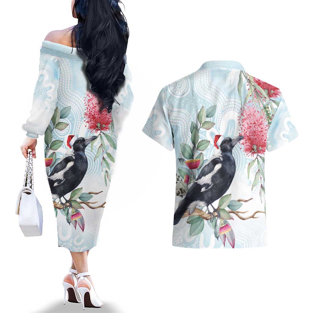 Australia Magpie Christmas Couples Matching Off The Shoulder Long Sleeve Dress and Hawaiian Shirt Eucalyptus Aboriginal Watercolor Stylized - Aussie Hoodie