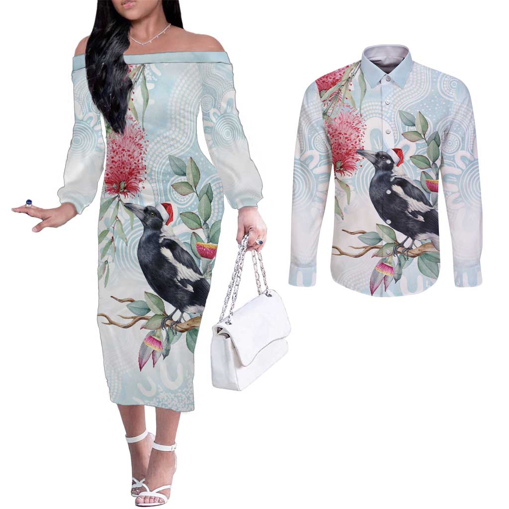 Australia Magpie Christmas Couples Matching Off The Shoulder Long Sleeve Dress and Long Sleeve Button Shirt Eucalyptus Aboriginal Watercolor Stylized - Aussie Hoodie