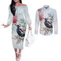 Australia Magpie Christmas Couples Matching Off The Shoulder Long Sleeve Dress and Long Sleeve Button Shirt Eucalyptus Aboriginal Watercolor Stylized - Aussie Hoodie