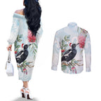 Australia Magpie Christmas Couples Matching Off The Shoulder Long Sleeve Dress and Long Sleeve Button Shirt Eucalyptus Aboriginal Watercolor Stylized - Aussie Hoodie
