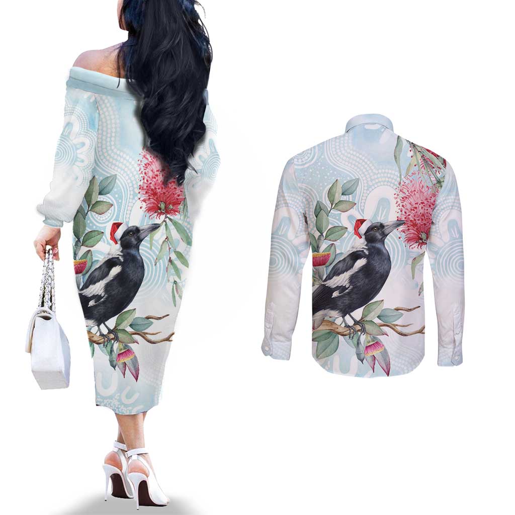 Australia Magpie Christmas Couples Matching Off The Shoulder Long Sleeve Dress and Long Sleeve Button Shirt Eucalyptus Aboriginal Watercolor Stylized - Aussie Hoodie