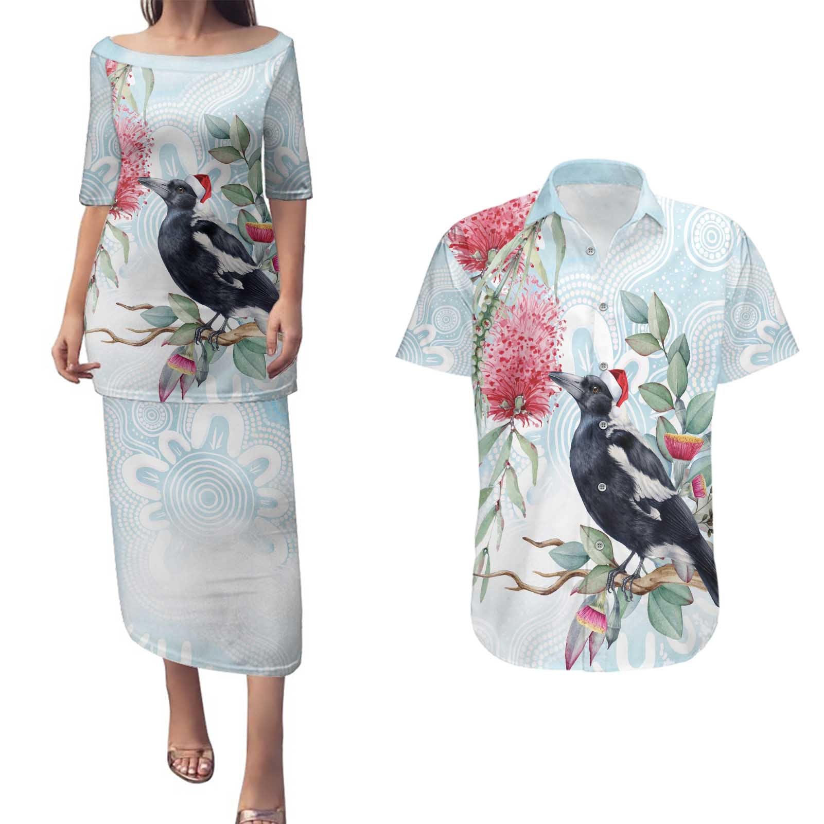 Australia Magpie Christmas Couples Matching Puletasi and Hawaiian Shirt Eucalyptus Aboriginal Watercolor Stylized - Aussie Hoodie