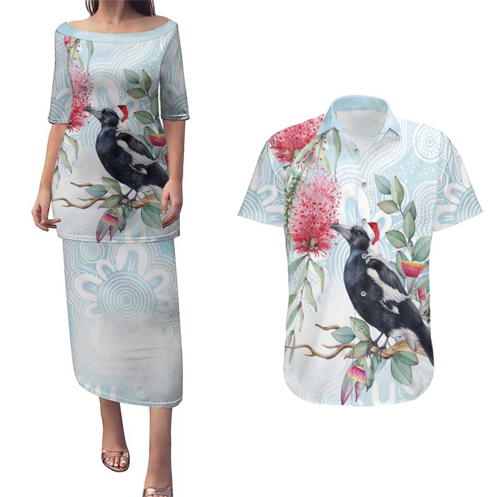 Australia Magpie Christmas Couples Matching Puletasi and Hawaiian Shirt Eucalyptus Aboriginal Watercolor Stylized - Aussie Hoodie