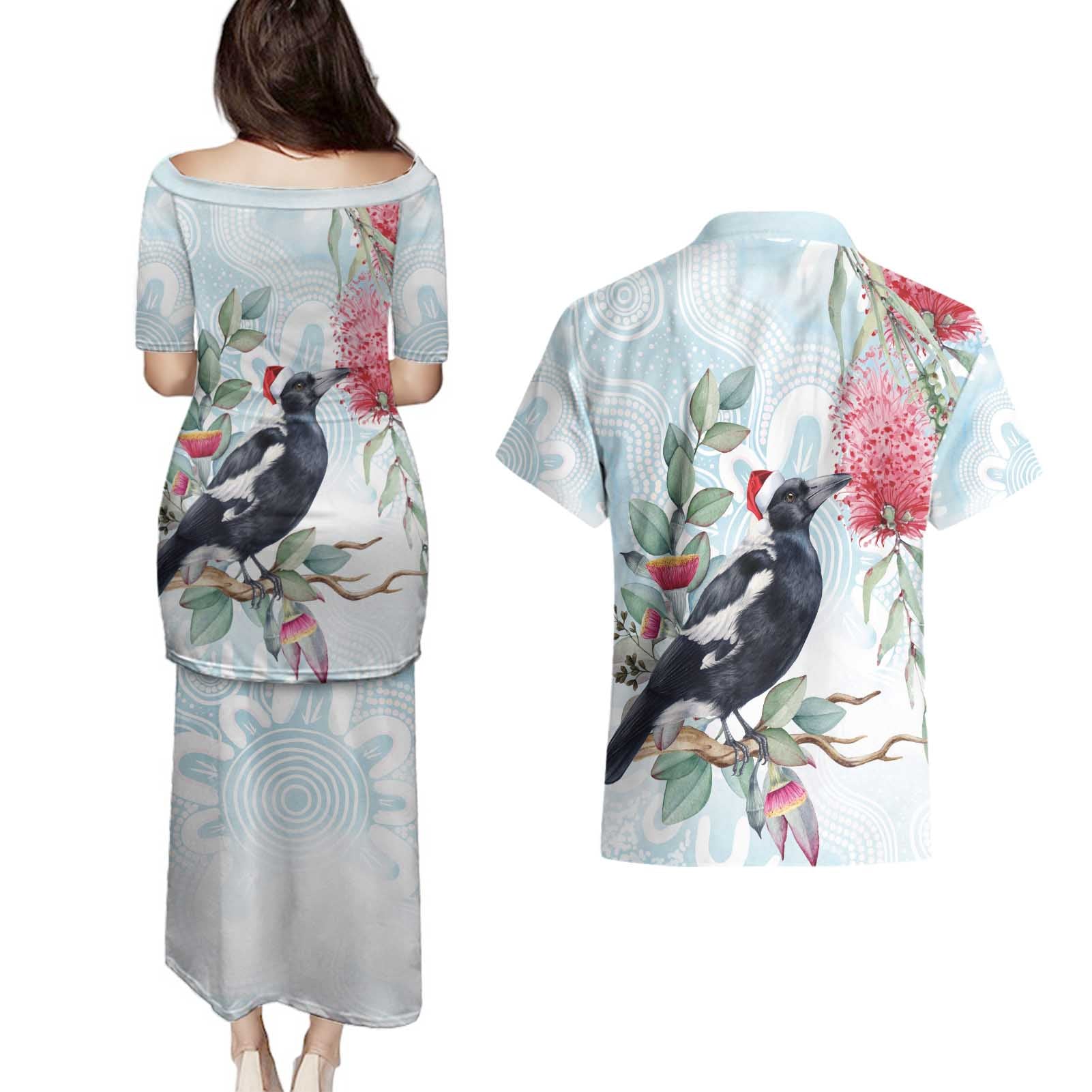 Australia Magpie Christmas Couples Matching Puletasi and Hawaiian Shirt Eucalyptus Aboriginal Watercolor Stylized - Aussie Hoodie