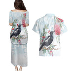 Australia Magpie Christmas Couples Matching Puletasi and Hawaiian Shirt Eucalyptus Aboriginal Watercolor Stylized - Aussie Hoodie