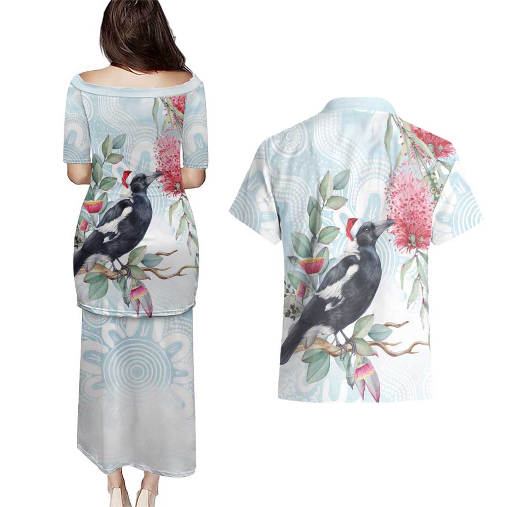 Australia Magpie Christmas Couples Matching Puletasi and Hawaiian Shirt Eucalyptus Aboriginal Watercolor Stylized - Aussie Hoodie