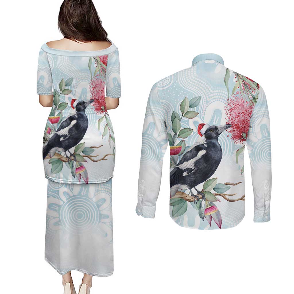 Australia Magpie Christmas Couples Matching Puletasi and Long Sleeve Button Shirt Eucalyptus Aboriginal Watercolor Stylized - Aussie Hoodie