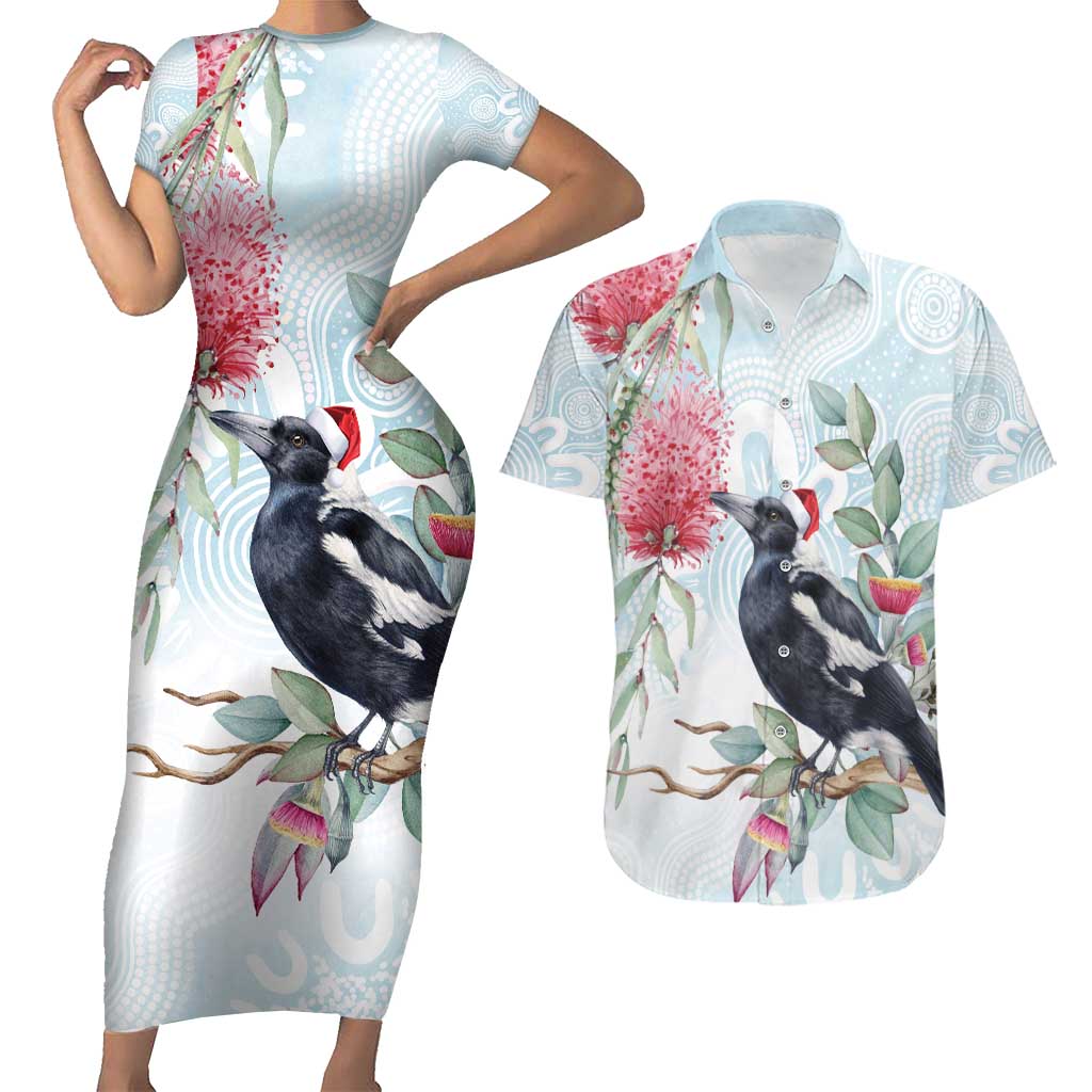 Australia Magpie Christmas Couples Matching Short Sleeve Bodycon Dress and Hawaiian Shirt Eucalyptus Aboriginal Watercolor Stylized - Aussie Hoodie