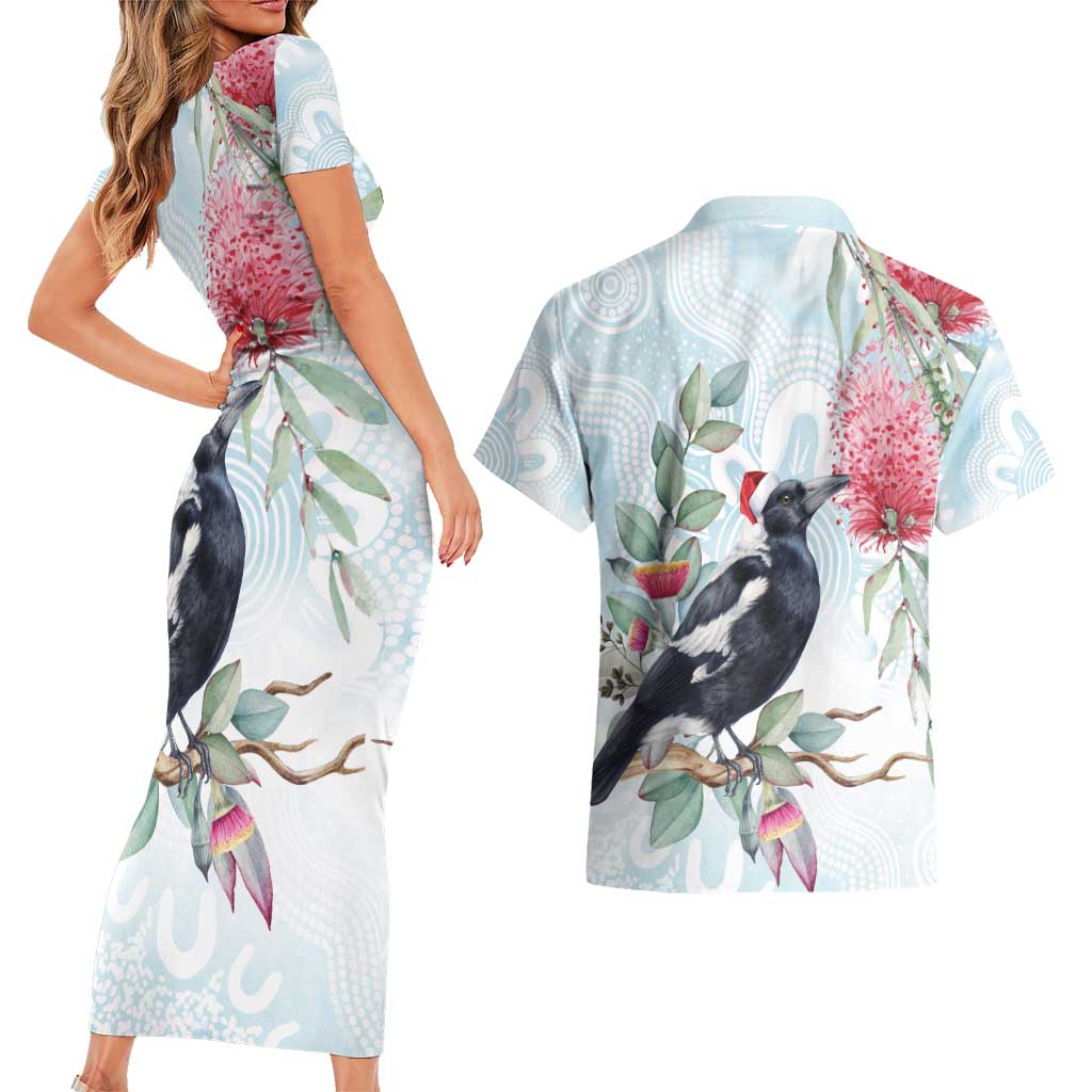 Australia Magpie Christmas Couples Matching Short Sleeve Bodycon Dress and Hawaiian Shirt Eucalyptus Aboriginal Watercolor Stylized - Aussie Hoodie