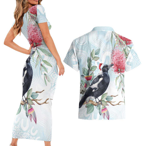 Australia Magpie Christmas Couples Matching Short Sleeve Bodycon Dress and Hawaiian Shirt Eucalyptus Aboriginal Watercolor Stylized - Aussie Hoodie