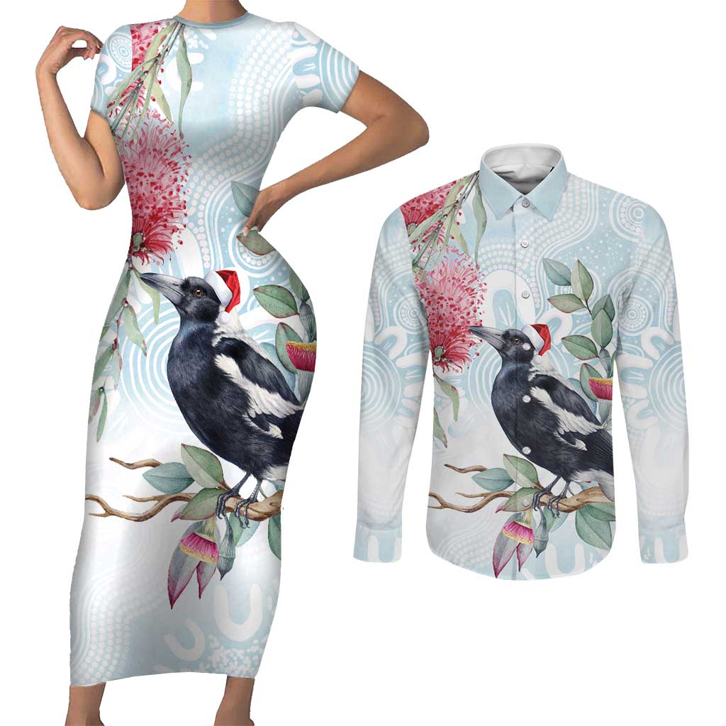 Australia Magpie Christmas Couples Matching Short Sleeve Bodycon Dress and Long Sleeve Button Shirt Eucalyptus Aboriginal Watercolor Stylized - Aussie Hoodie