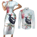 Australia Magpie Christmas Couples Matching Short Sleeve Bodycon Dress and Long Sleeve Button Shirt Eucalyptus Aboriginal Watercolor Stylized - Aussie Hoodie