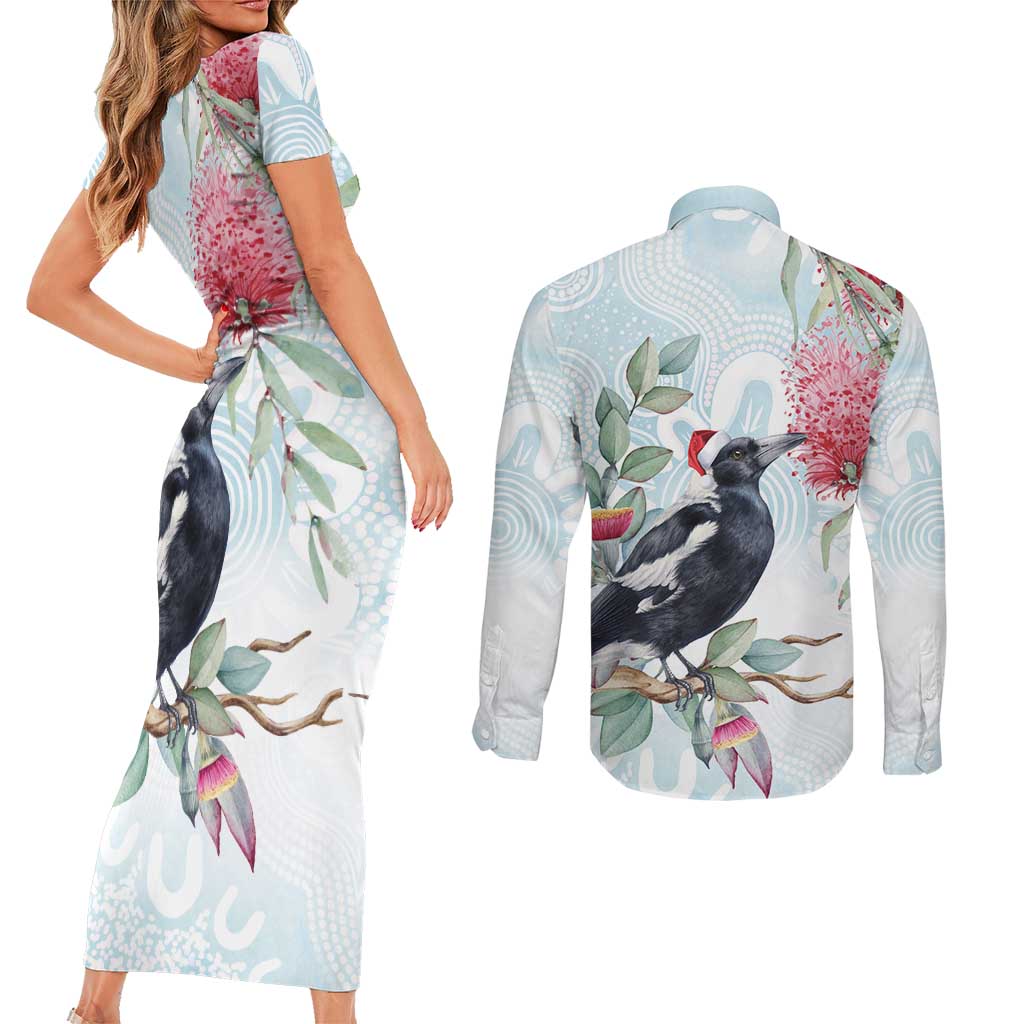 Australia Magpie Christmas Couples Matching Short Sleeve Bodycon Dress and Long Sleeve Button Shirt Eucalyptus Aboriginal Watercolor Stylized - Aussie Hoodie
