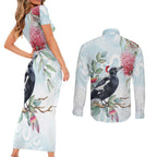Australia Magpie Christmas Couples Matching Short Sleeve Bodycon Dress and Long Sleeve Button Shirt Eucalyptus Aboriginal Watercolor Stylized - Aussie Hoodie
