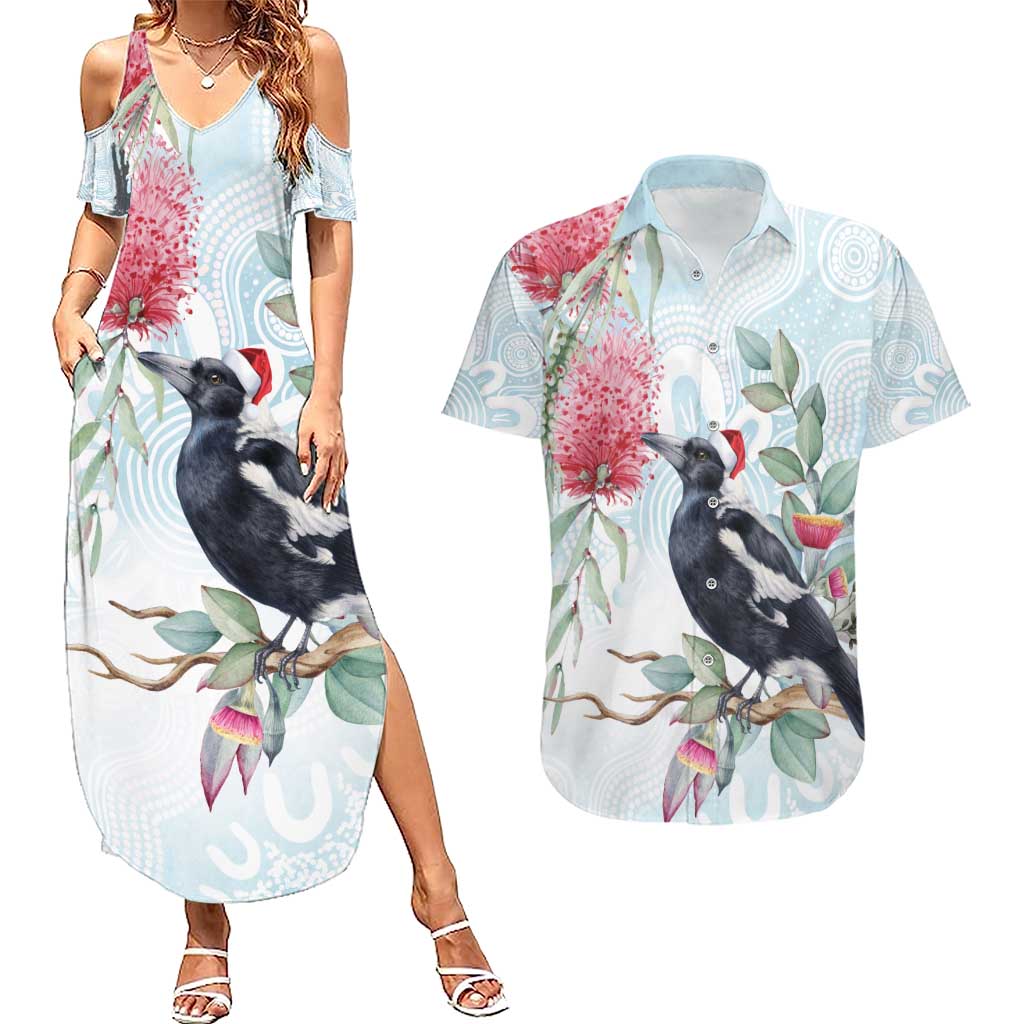 Australia Magpie Christmas Couples Matching Summer Maxi Dress and Hawaiian Shirt Eucalyptus Aboriginal Watercolor Stylized - Aussie Hoodie