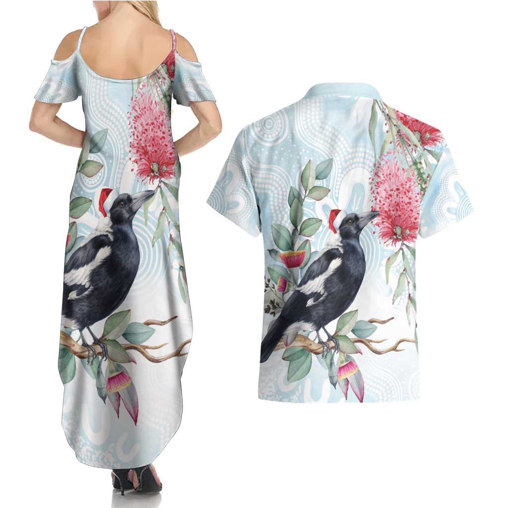 Australia Magpie Christmas Couples Matching Summer Maxi Dress and Hawaiian Shirt Eucalyptus Aboriginal Watercolor Stylized - Aussie Hoodie