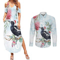 Australia Magpie Christmas Couples Matching Summer Maxi Dress and Long Sleeve Button Shirt Eucalyptus Aboriginal Watercolor Stylized - Aussie Hoodie