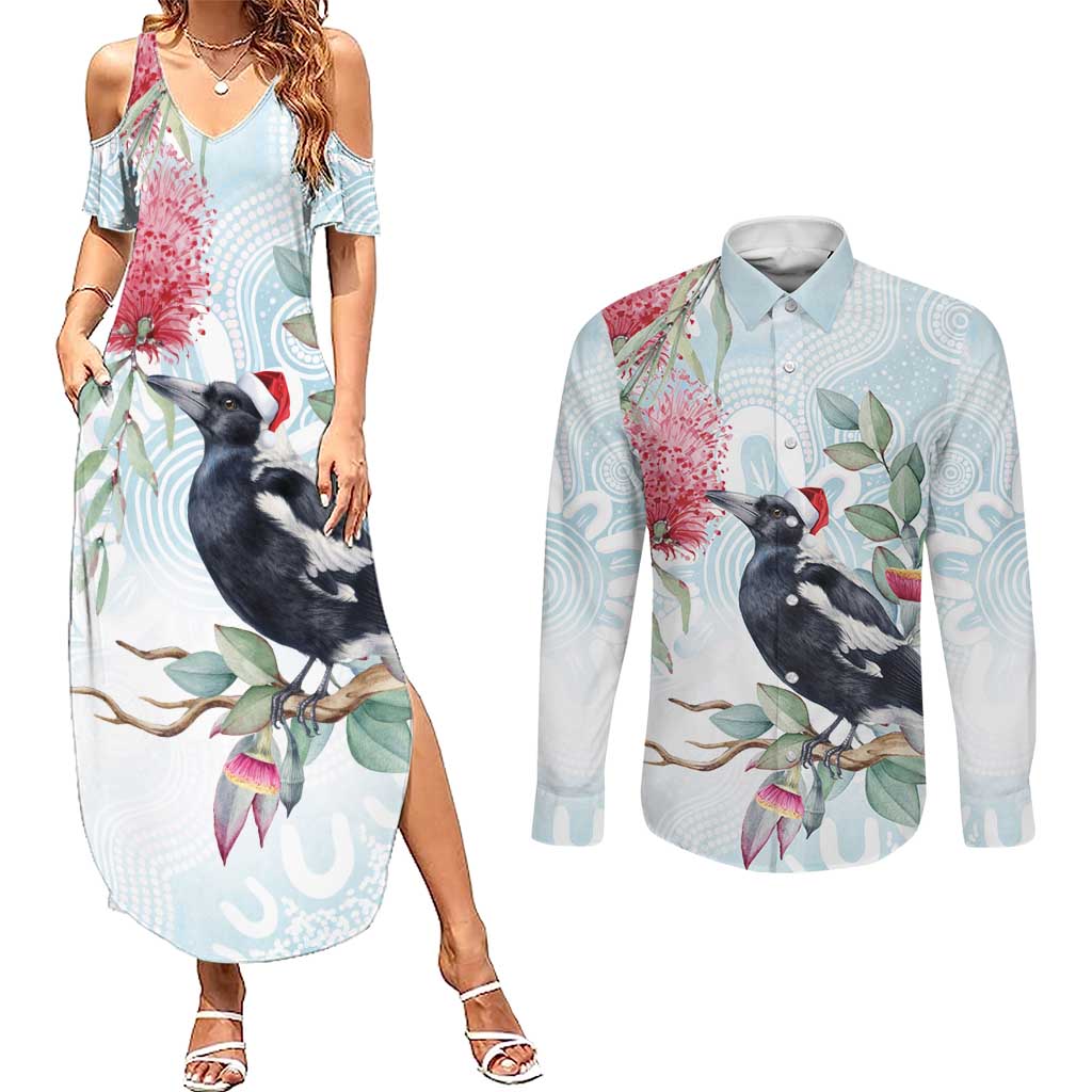 Australia Magpie Christmas Couples Matching Summer Maxi Dress and Long Sleeve Button Shirt Eucalyptus Aboriginal Watercolor Stylized - Aussie Hoodie